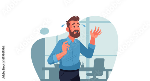 Stressed businessman panicking in an office, overwhelmed by work pressure or a business crisis. Ideal for concepts of anxiety, deadlines, and workplace challenges.