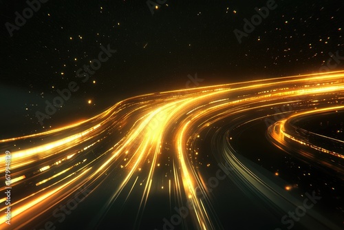 Glowing, golden streaks of light curve and flow across a dark background, resembling a speeding vehicle's light trails or a cosmic energy stream