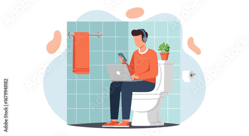 Man in bathroom multitasking with laptop and phone, wearing headphones. Illustrates remote work, digital connectivity, and the blurring of personal time.