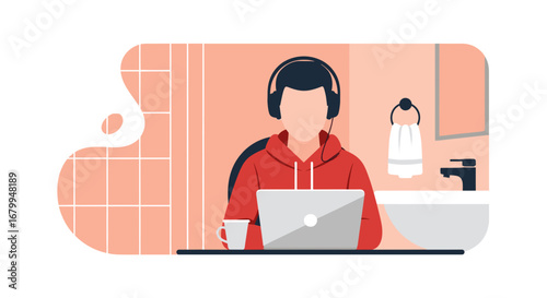 Person in headphones working remotely on a laptop from an unconventional home office, likely a bathroom. Highlights modern work-from-home challenges and adaptability.