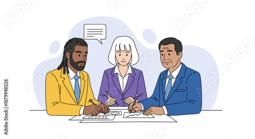 Diverse business professionals collaborate in a meeting, discussing ideas and reviewing documents. Perfect for teamwork, partnership, and agreement concepts.