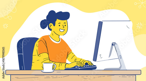 Smiling person working diligently on a computer at a desk, showcasing remote work, online learning, or digital productivity with a cheerful demeanor. Ideal for business and lifestyle concepts.
