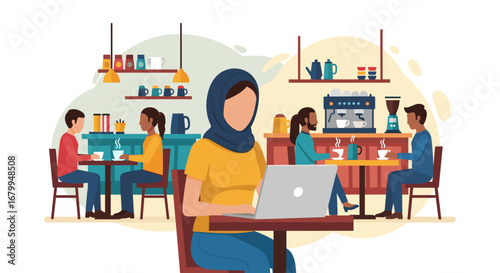 Woman in a hijab focused on her laptop at a lively coffee shop, illustrating remote work, business, and contemporary urban lifestyle.