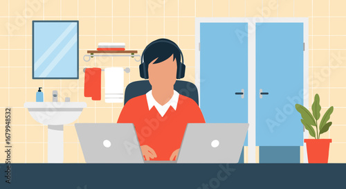 Humorous illustration of a person focused on work with two laptops in an unexpected bathroom environment, highlighting remote work dedication or privacy needs.