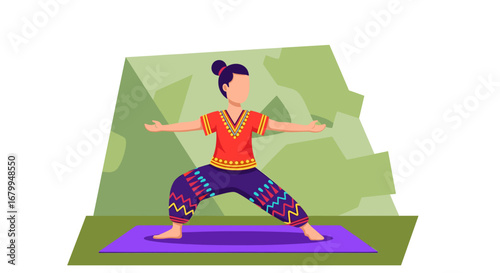 Vibrant illustration of a person practicing Warrior II yoga pose outdoors, embodying balance, mindfulness, and a healthy lifestyle.