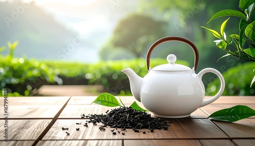 A white teakettle sits on a wooden table amidst loose black tea leaves and vibrant green foliage, suggesting a tranquil tea-drinking experience.