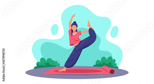 Woman performing a graceful yoga pose on a mat, promoting balance, flexibility, and a healthy lifestyle. Ideal for fitness, wellness, and mindful living content.
