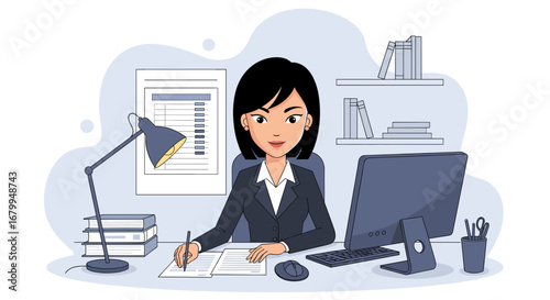 Dedicated businesswoman working diligently at her modern office desk, managing documents with a lamp, computer, and books, symbolizing efficiency and business tasks.