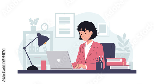 Smiling professional woman working diligently on her laptop at an organized office desk. Perfect for business, remote work, and female entrepreneurship concepts.