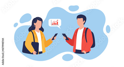 Two individuals use smartphones to exchange business data and monitor market growth. Concept of digital communication, mobile technology, and financial trends.