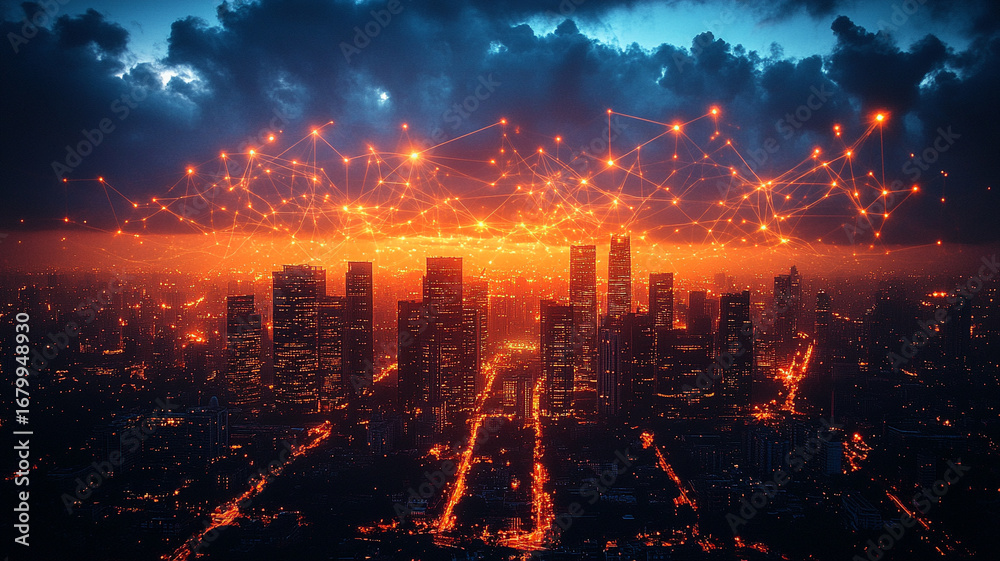 Fototapeta premium Vibrant Fireworks Over Illuminated Night Cityscape