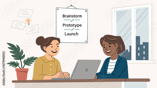 Two diverse women collaborate on a laptop in a modern office, developing new ideas for business innovation and project launch. Teamwork and productivity.