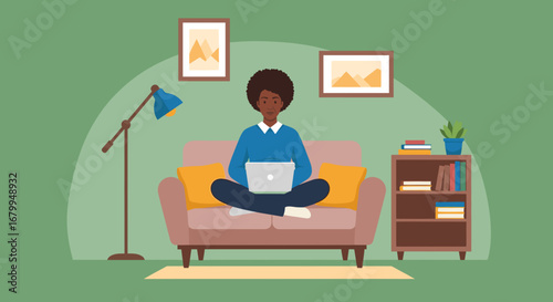 African American woman comfortably working from home on a laptop, embodying remote productivity and modern lifestyle in a cozy living room setting.