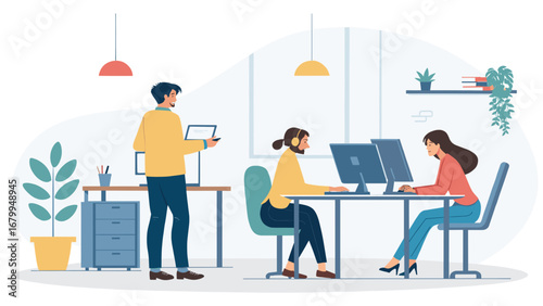 Professional team collaborating and working diligently in a modern, bright office environment. Ideal for business, technology, or corporate concepts.