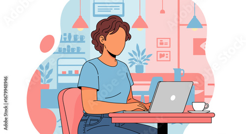 Woman working on a laptop in a modern cafe setting, enjoying a coffee. Illustrates remote work, productivity, online learning, or a relaxed freelance lifestyle.