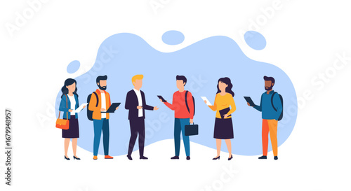 Diverse group of professionals or students interacting, sharing ideas, and collaborating. Ideal for business meetings, education, or modern workforce concepts.