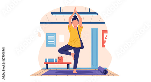 Woman practicing yoga tree pose on a mat indoors, promoting wellness, balance, and mindfulness. Ideal for fitness, health, and lifestyle concepts.
