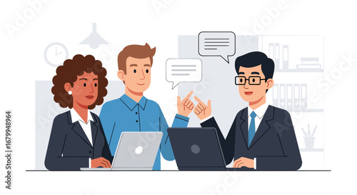 Professional business people collaborate on laptops in a modern office, engaged in a productive meeting. Illustrates communication and teamwork.