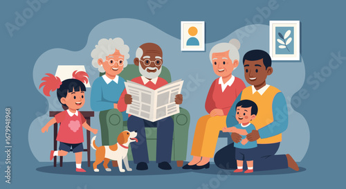 Happy multi-generational family enjoying relaxed time at home with their children and pet dog. Represents love, connection, and comfortable domestic life.