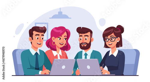 Diverse business team collaborating on laptops in a modern office meeting. Concepts of teamwork, innovation, success, and professional productivity.