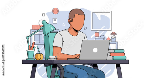 A person works productively on a laptop from a comfortable home office setup. Ideal for concepts of remote work, freelance, and modern lifestyle.