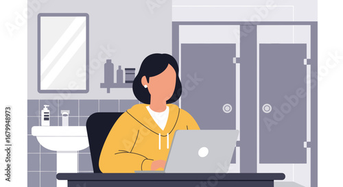 Professional woman focused on her laptop in a modern public restroom, symbolizing flexible work-from-anywhere and productivity. Ideal for business, lifestyle.