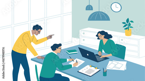 Diverse team collaborating in a modern office. Manager guides employees working on laptop and documents, symbolizing teamwork, productivity, and business strategy.
