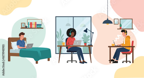 Diverse people working remotely from home in various comfortable settings, illustrating flexibility and modern digital productivity.