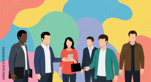 Diverse group of people in a professional setting, engaging in collaboration and exchanging information. Represents teamwork, networking, and business solutions.