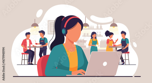 Woman with headphones focused on her laptop in a cafe, illustrating remote work, productivity, and a modern flexible lifestyle.