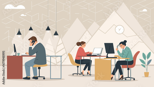 Busy professionals collaborating in a modern office environment. Team members work efficiently on computers and make calls, representing productivity and business success.