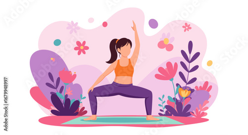 Woman practicing yoga, performing a goddess pose on a mat, surrounded by decorative floral elements. Represents wellness, fitness, and a balanced lifestyle.