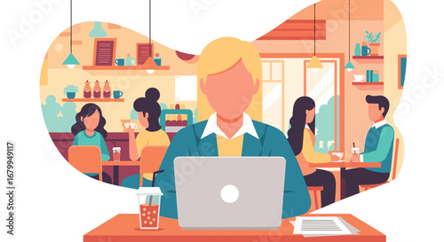 Professional woman works intently on her laptop in a busy, modern cafe, representing remote work, freelance lifestyle, and productive connectivity.