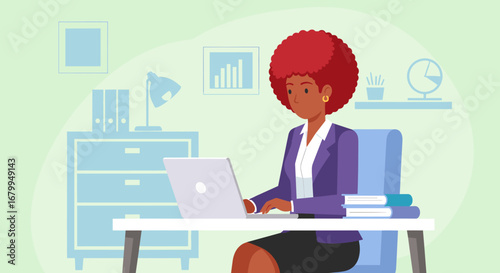 A professional Black woman with an afro works diligently on her laptop in a modern office, representing productivity, remote work, and business success.