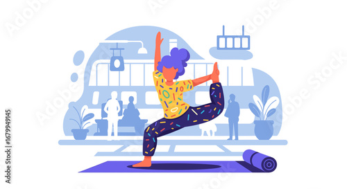 Woman doing an advanced yoga pose, Natarajasana, on a mat amidst a busy urban public transport setting, representing balance and wellness in modern life.
