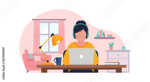 Person working remotely from a cozy home office setup, wearing headphones and using a laptop. Ideal for themes of productivity, online learning, and flexible work lifestyle.
