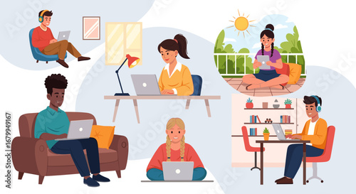 Diverse people working or studying remotely from various comfortable home settings, using laptops and tablets. Represents flexible modern lifestyles and online collaboration.