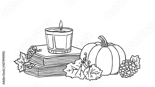 Handdrawn Outline Autumn Still Life with Pumpkin, Candle, and Books Illustration