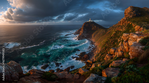 Dramatic sunset illuminates the rugged coastline and lighthouse at Cape Point, South Africa, with crashing waves below.
