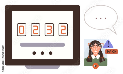 Monitor displaying passcode, face recognition error alert beside suspects face, and speech bubble. Ideal for cybersecurity, facial recognition, biometrics, digital security, fraud prevention, AI