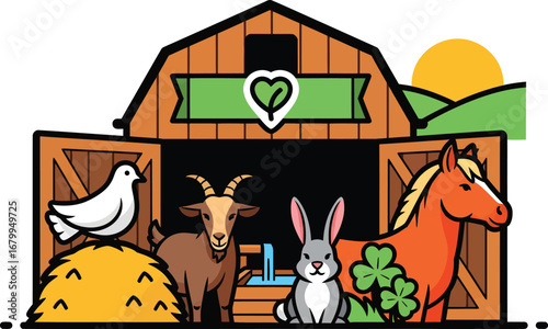 A charming cartoon illustration of farm animals including a horse, goat, rabbit, and dove gathered in front of a red barn.