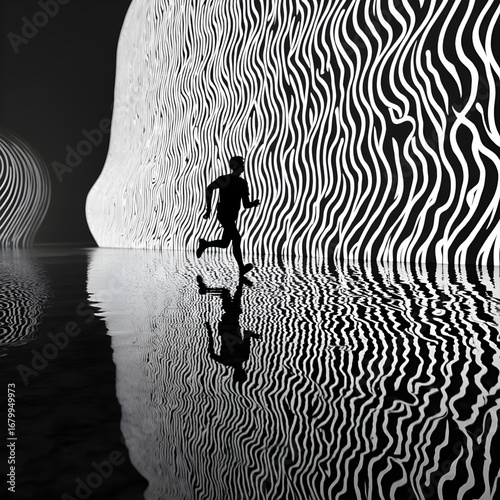 A minimalist black and white artwork of a man running in front of a wavy striped wall, his silhouette and reflection visible on the shiny floor, creating a surreal optical illusion atmosphere