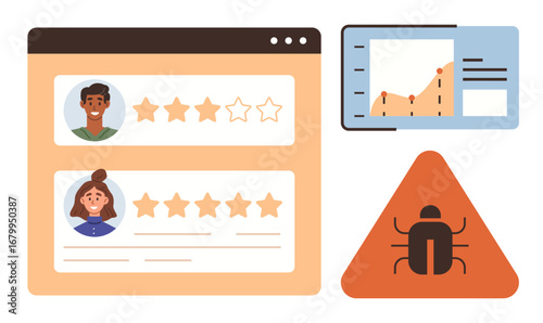 User profiles with star ratings, data analytics chart, and triangular bug alert sign. Ideal for feedback, user experience, system bugs, quality control, analytics, troubleshooting simple flat