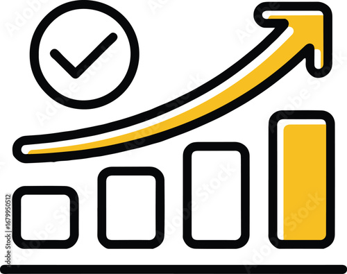 Vector art of bar chart with upward arrow and check mark, , representing business growth, financial success, and positive results in a clear and concise visual format