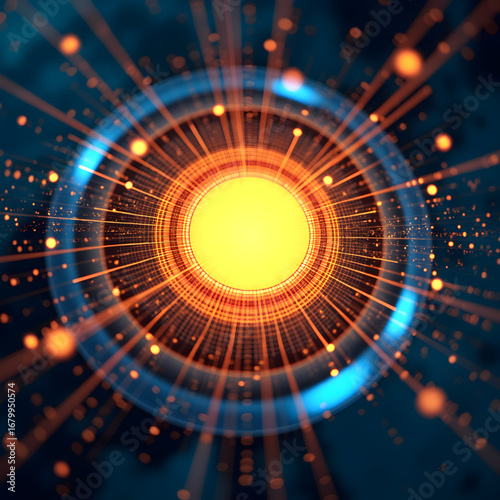 A glowing yellow circle radiates orange lines and dotted particles across a deep blue grid, creating a futuristic abstract artwork with dynamic energy, movement, and vibrant contrast