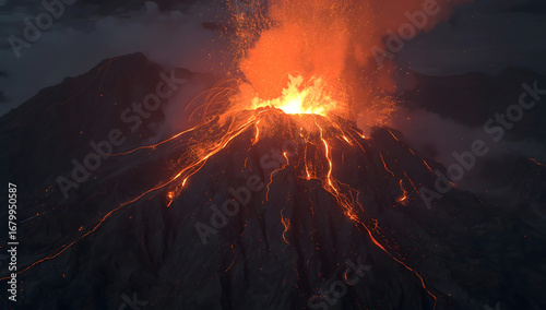 Fiery volcanic eruption at night, glowing lava flows down the mountainside.