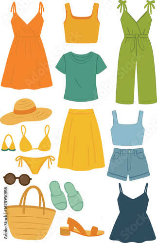 Summer women's fashion includes stylish dresses, bikinis, beach accessories, and trendy garments, all presented in a vector clothing set