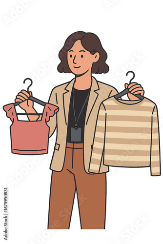 A personal style consultant or fashion stylist selects fashionable outfits for her client, holding two tops on hangers