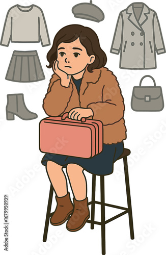 A contemplative child wearing a faux fur coat and skirt sits on a highchair, holding a pink case against a grey backdrop in a fashion illustration