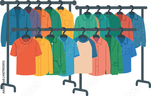 A second‑hand shop displays a vibrant array of clothing on racks, featuring a wide variety of shirts and jackets in many colors, offering an excellent selection of used apparel
